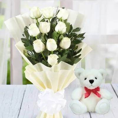 White Roses Bunch With Teddy